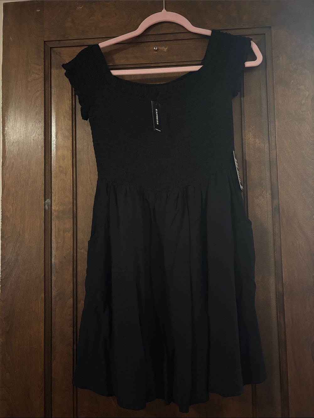 Express Black Off-Shoulder Smocked Mini Dress
